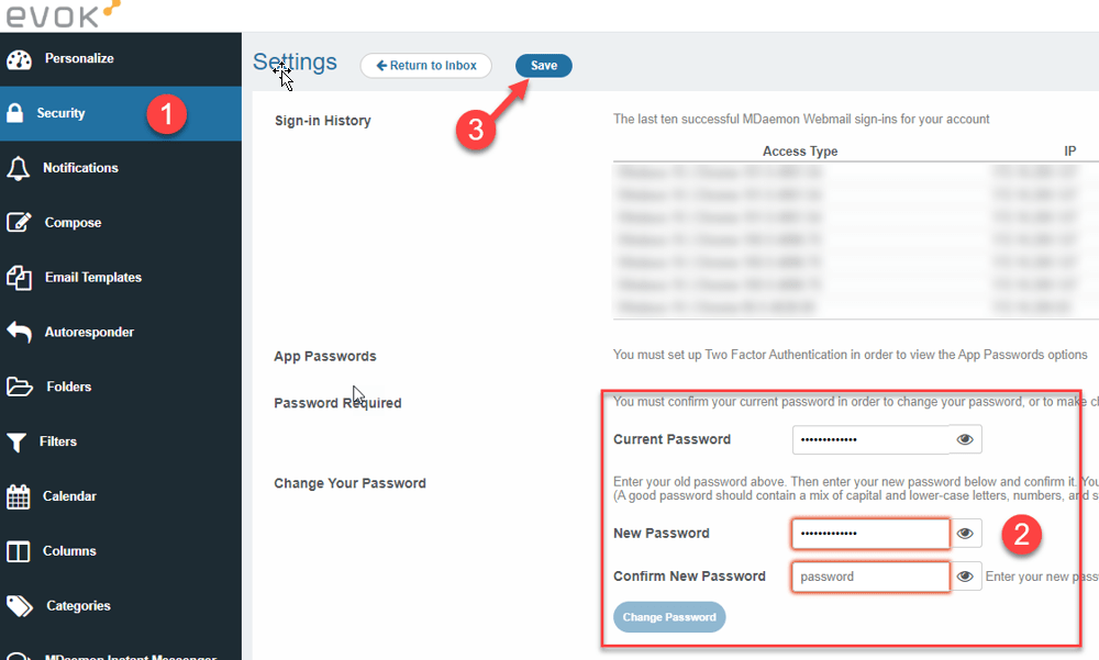 Change of password in tab Security